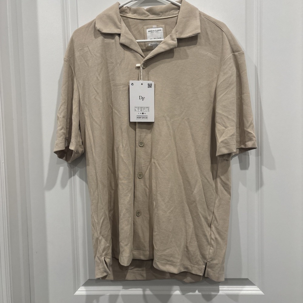 DENIM & FLOWER Ricky Singh Beige Textured Relaxed Fit Camp Shirt Mens L